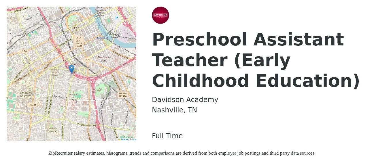 Davidson Academy job posting for a Preschool Assistant Teacher (Early Childhood Education) in Nashville, TN with a salary of $14 to $17 Hourly with a map of Nashville location.