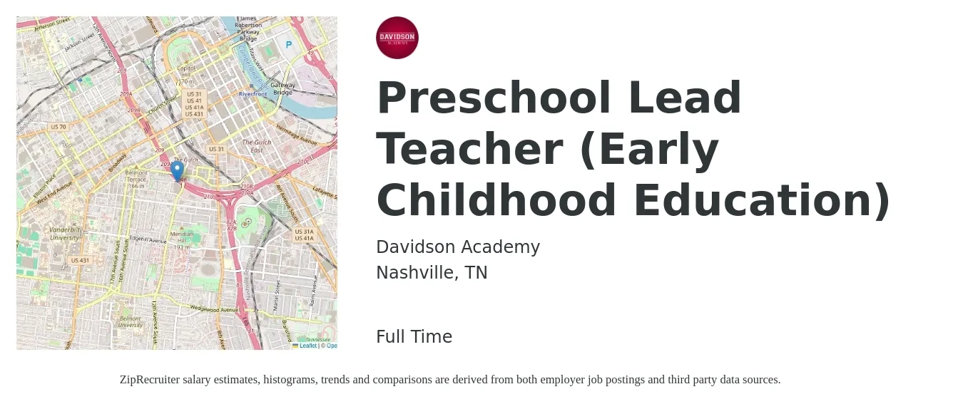 Davidson Academy job posting for a Preschool Lead Teacher (Early Childhood Education) in Nashville, TN with a salary of $15 to $20 Hourly with a map of Nashville location.