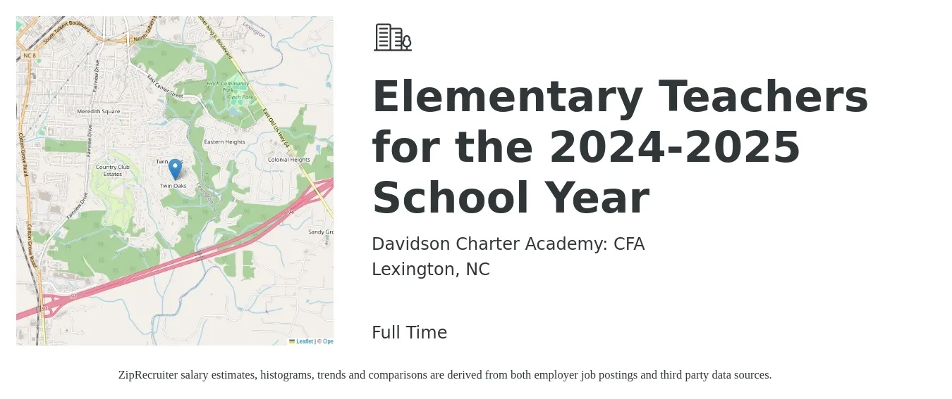 Davidson Charter Academy: CFA job posting for a Elementary Teachers for the 2024-2025 School Year in Lexington, NC with a salary of $41,300 to $55,700 Yearly with a map of Lexington location.