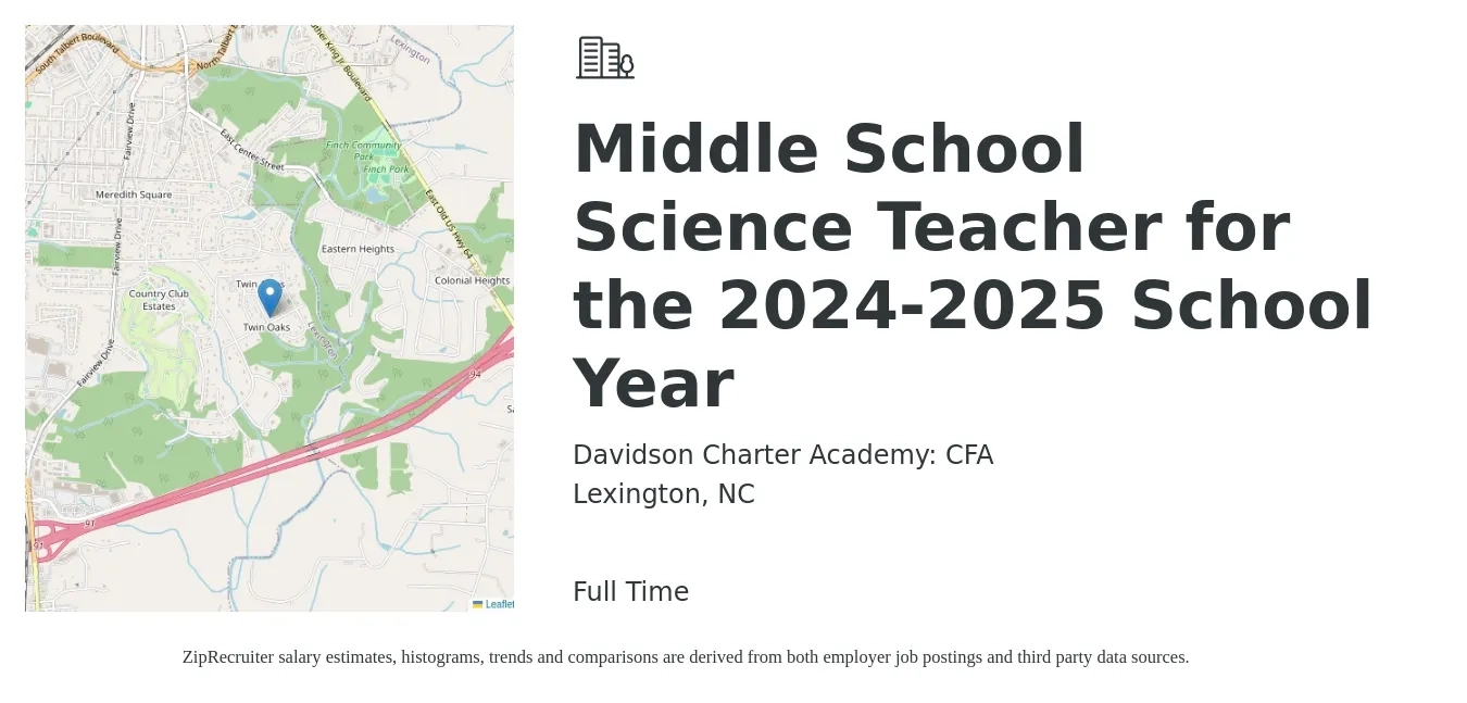 Davidson Charter Academy: CFA job posting for a Middle School Science Teacher for the 2024-2025 School Year in Lexington, NC with a salary of $42,700 to $56,100 Yearly with a map of Lexington location.
