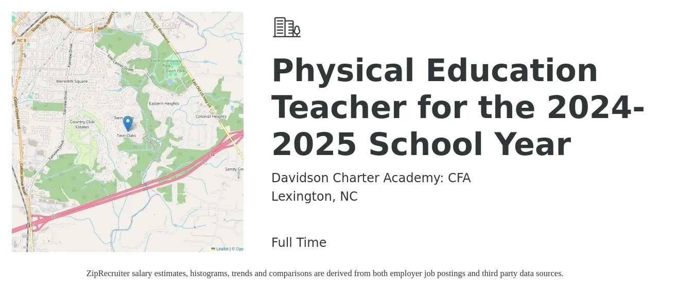 Davidson Charter Academy: CFA job posting for a Physical Education Teacher for the 2024-2025 School Year in Lexington, NC with a salary of $41,700 to $56,600 Yearly with a map of Lexington location.