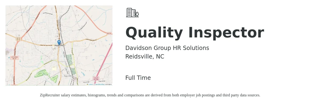 Davidson Group HR Solutions job posting for a Quality Inspector in Reidsville, NC with a salary of $18 to $25 Hourly with a map of Reidsville location.
