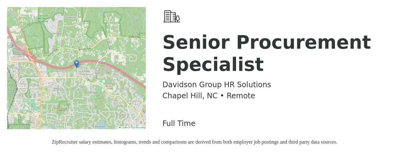 Davidson Group HR Solutions job posting for a Senior Procurement Specialist in Chapel Hill, NC with a salary of $64,200 to $90,800 Yearly with a map of Chapel Hill location.