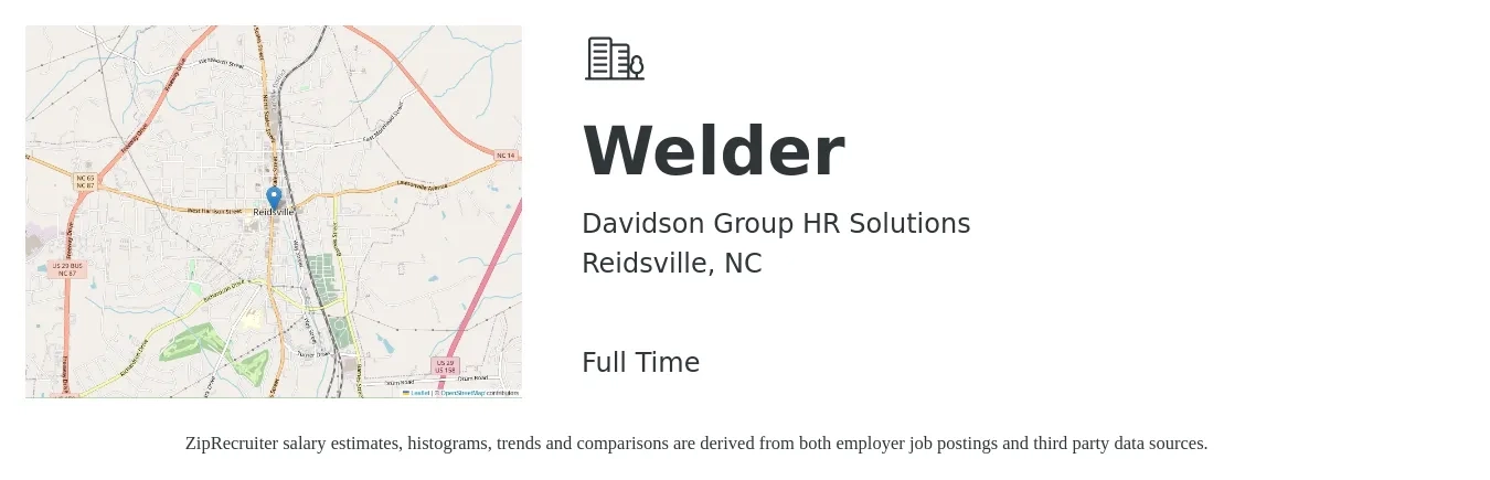 Davidson Group HR Solutions job posting for a Welder in Reidsville, NC with a salary of $18 to $23 Hourly with a map of Reidsville location.