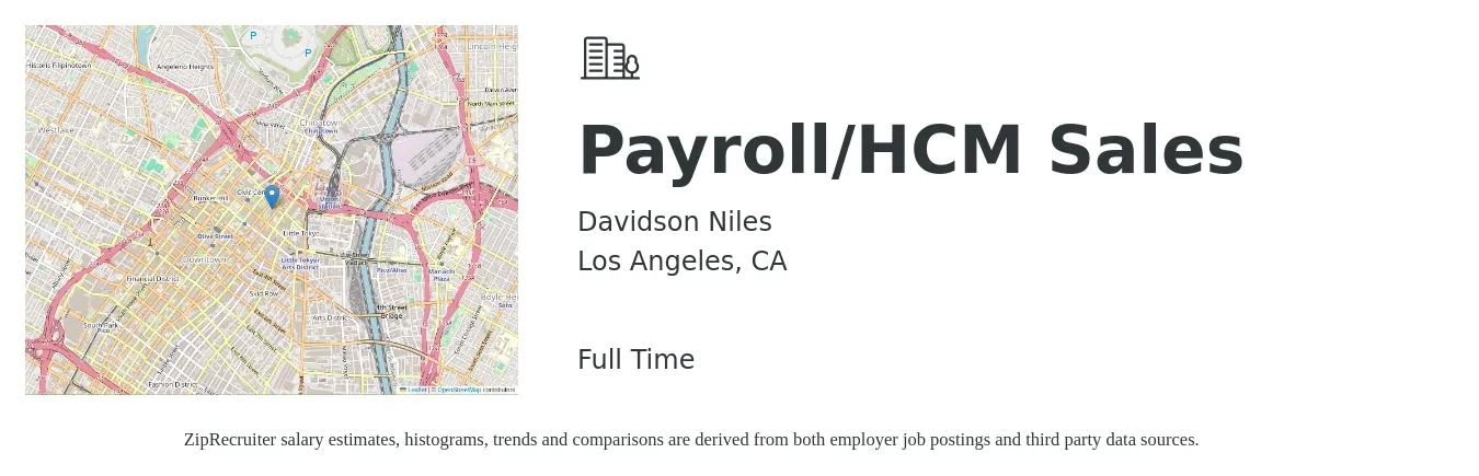 Davidson Niles job posting for a Payroll/HCM Sales in Los Angeles, CA with a salary of $70,600 to $122,800 Yearly with a map of Los Angeles location.