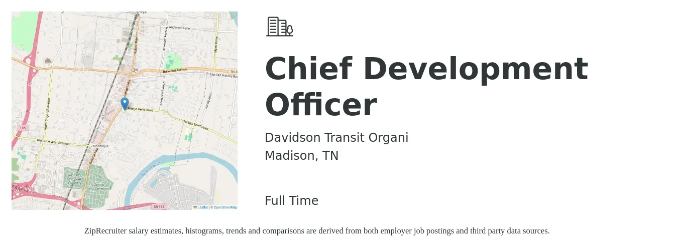 Davidson Transit Organi job posting for a Chief Development Officer in Madison, TN with a salary of $92,100 to $148,100 Yearly with a map of Madison location.