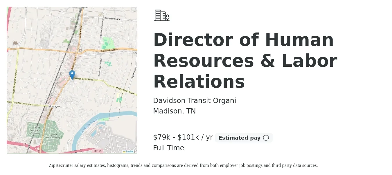 Davidson Transit Organi job posting for a Director of Human Resources & Labor Relations in Madison, TN with a salary of $79,300 to $101,800 Yearly with a map of Madison location.