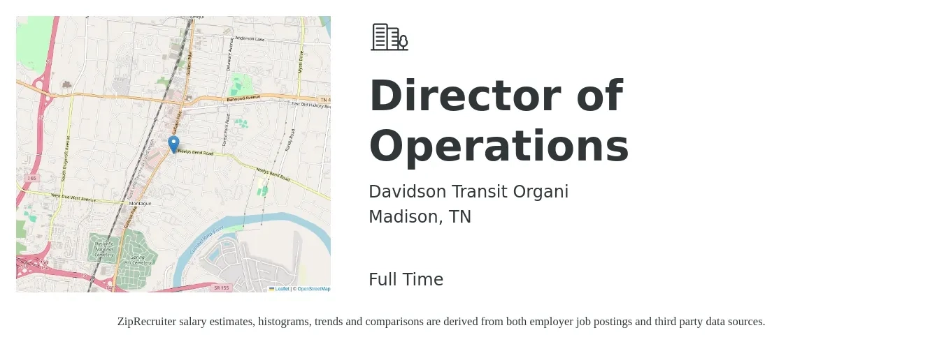 Davidson Transit Organi job posting for a Director of Operations in Madison, TN with a salary of $69,900 to $125,400 Yearly with a map of Madison location.