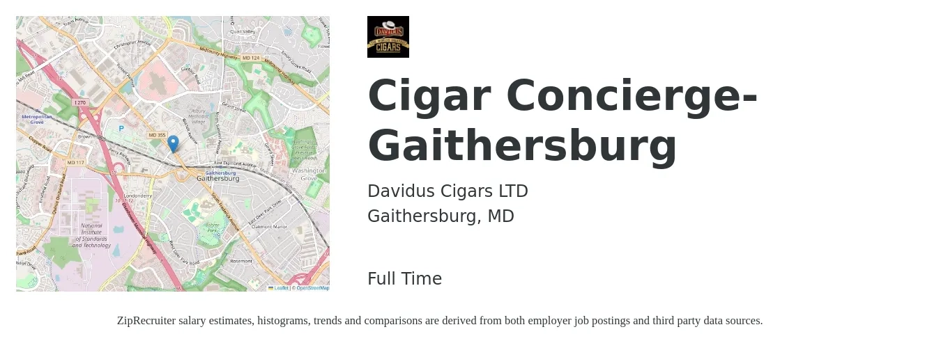 Davidus Cigars LTD job posting for a Cigar Concierge- Gaithersburg in Gaithersburg, MD with a salary of $17 to $22 Hourly with a map of Gaithersburg location.