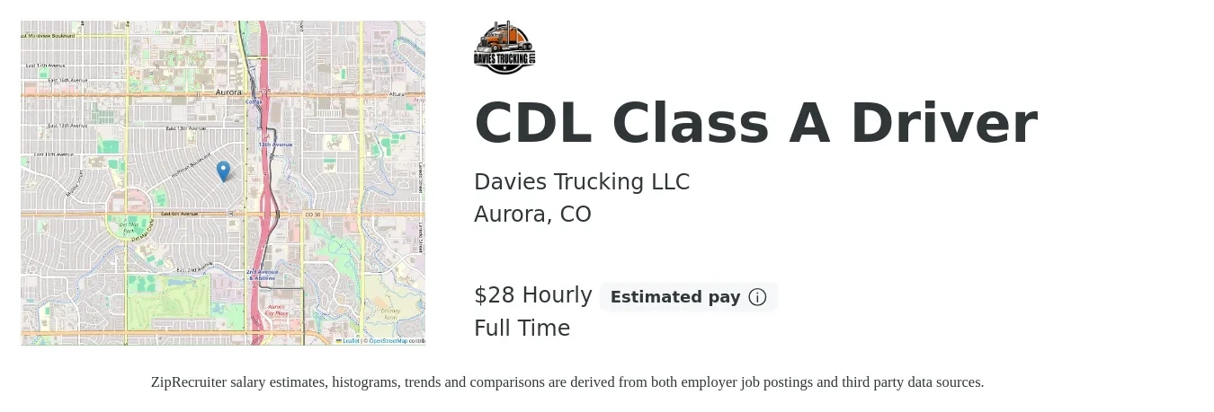Davies Trucking LLC job posting for a CDL Class A Driver in Aurora, CO with a salary of $30 Hourly (plus commission) with a map of Aurora location.