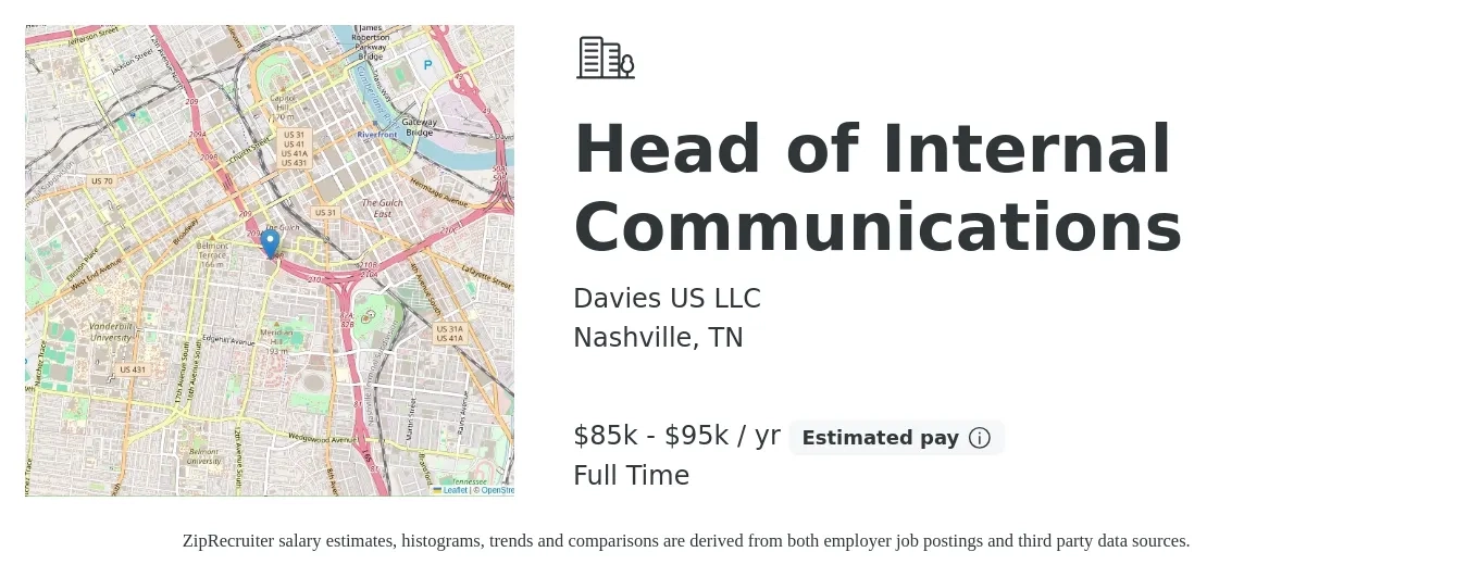 Davies US LLC job posting for a Head of Internal Communications in Nashville, TN with a salary of $85,000 to $95,000 Yearly with a map of Nashville location.