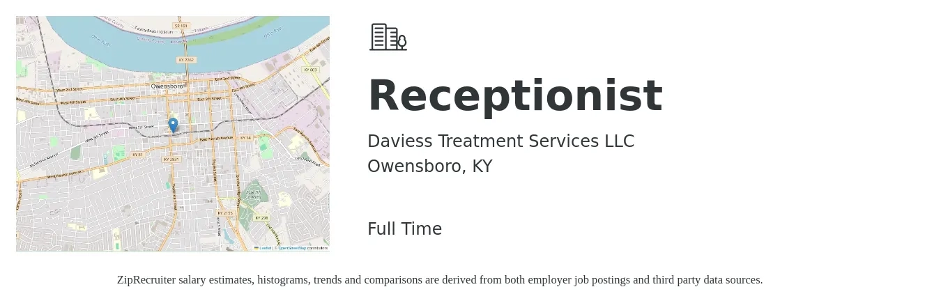 Daviess Treatment Services LLC job posting for a Receptionist in Owensboro, KY with a salary of $13 to $18 Hourly with a map of Owensboro location.