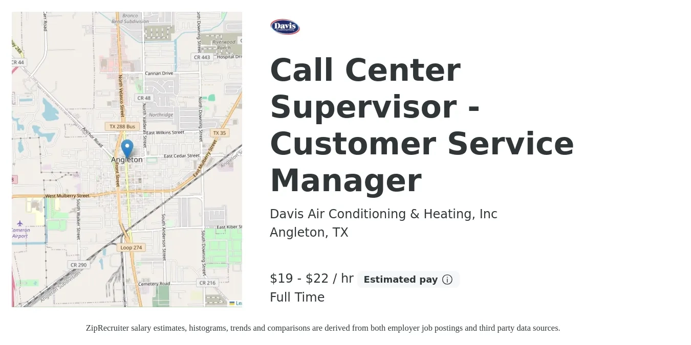 Davis Air Conditioning & Heating, Inc job posting for a Call Center Supervisor - Customer Service Manager in Angleton, TX with a salary of $20 to $23 Hourly with a map of Angleton location.