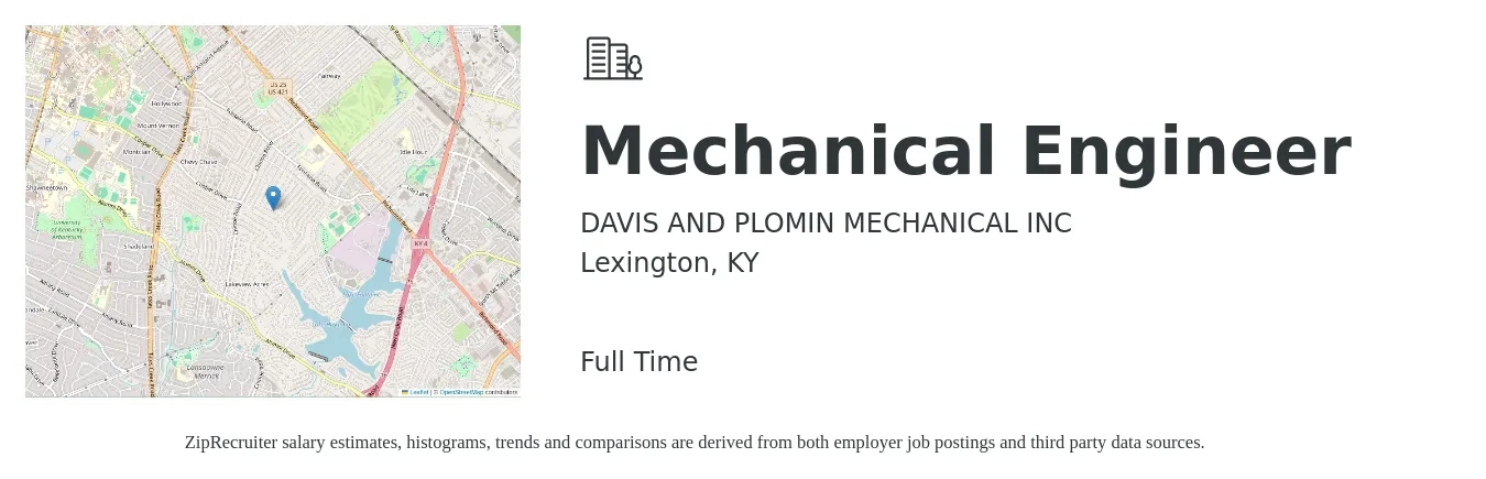 DAVIS AND PLOMIN MECHANICAL INC job posting for a Mechanical Engineer in Lexington, KY with a salary of $70,600 to $109,700 Yearly with a map of Lexington location.