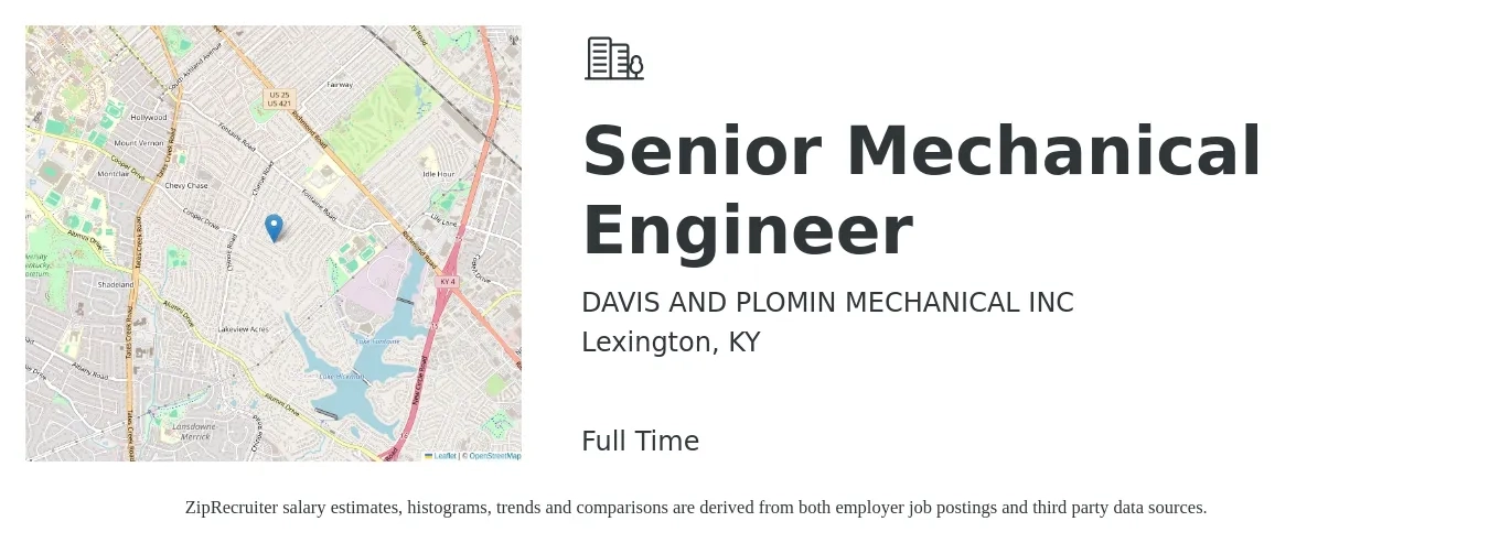 DAVIS AND PLOMIN MECHANICAL INC job posting for a Senior Mechanical Engineer in Lexington, KY with a salary of $90,600 to $119,600 Yearly with a map of Lexington location.