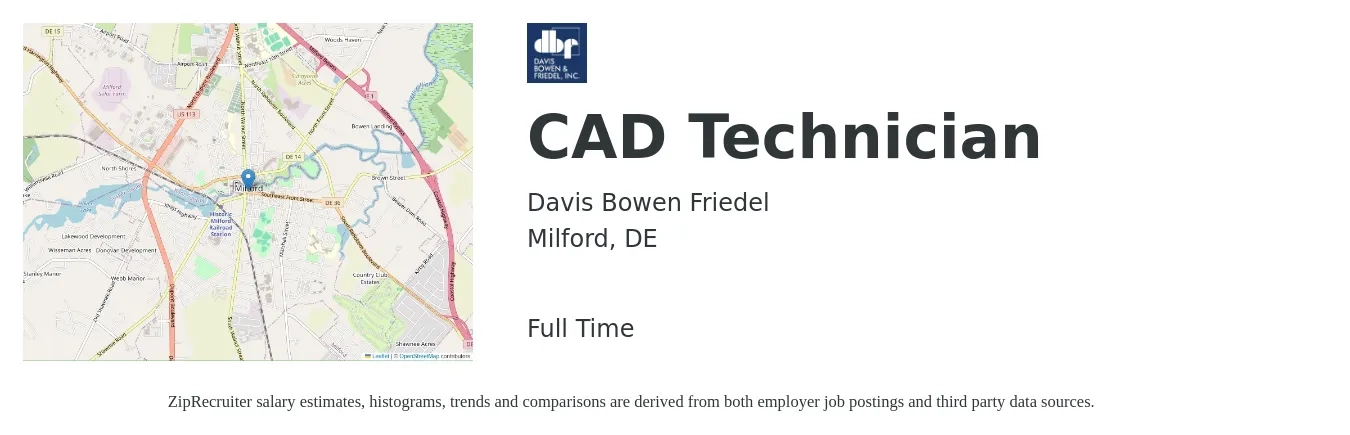 Davis Bowen Friedel job posting for a CAD Technician in Milford, DE with a salary of $20 to $32 Hourly with a map of Milford location.