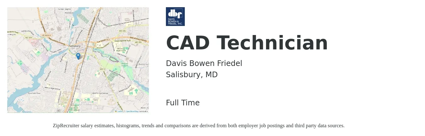 Davis Bowen Friedel job posting for a CAD Technician in Salisbury, MD with a salary of $20 to $32 Hourly with a map of Salisbury location.