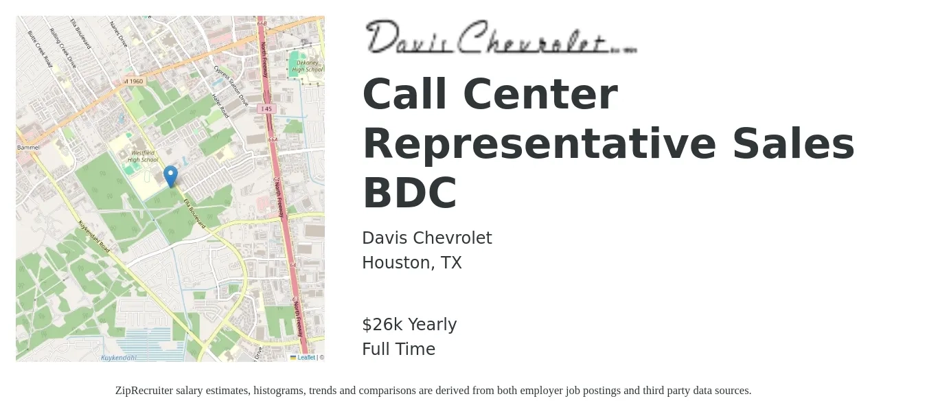 Davis Chevrolet job posting for a Call Center Representative Sales BDC in Houston, TX with a salary of $26,960 Yearly with a map of Houston location.