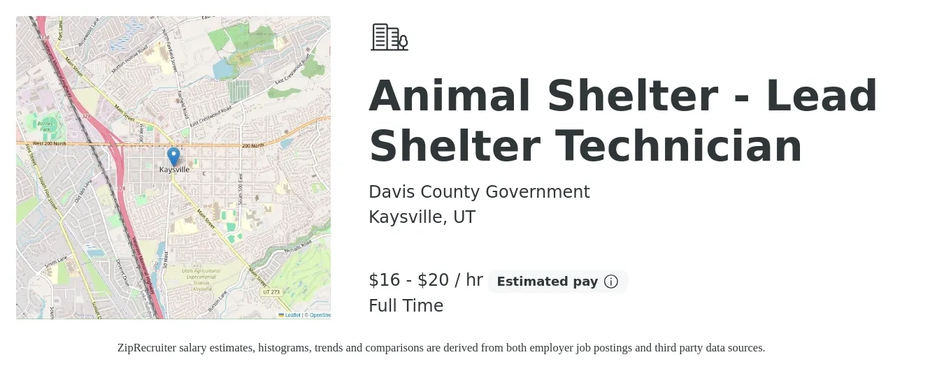 Davis County Government job posting for a Animal Shelter - Lead Shelter Technician in Kaysville, UT with a salary of $17 to $21 Hourly with a map of Kaysville location.