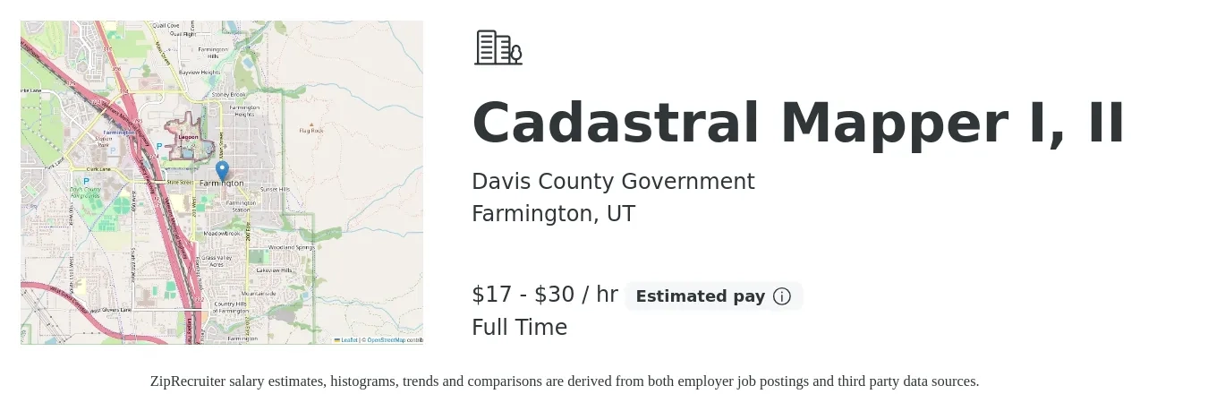 Davis County Government job posting for a Cadastral Mapper I, II in Farmington, UT with a salary of $19 to $32 Hourly with a map of Farmington location.