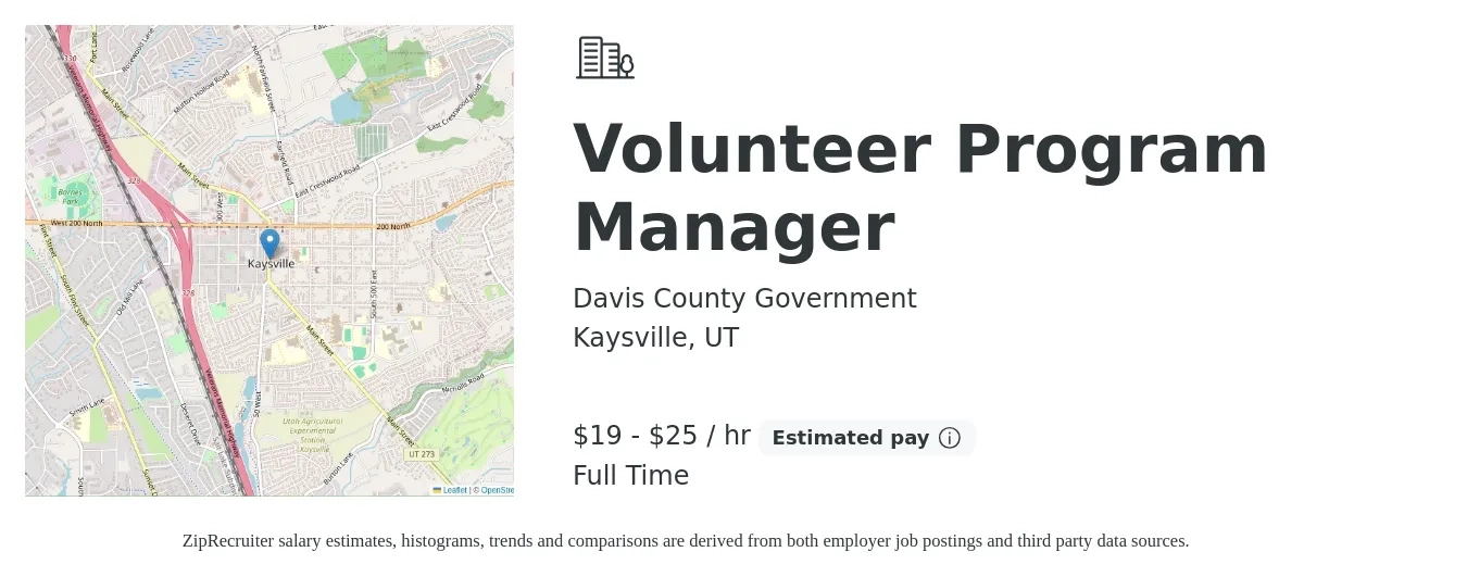 Davis County Government job posting for a Volunteer Program Manager in Kaysville, UT with a salary of $20 to $26 Hourly with a map of Kaysville location.
