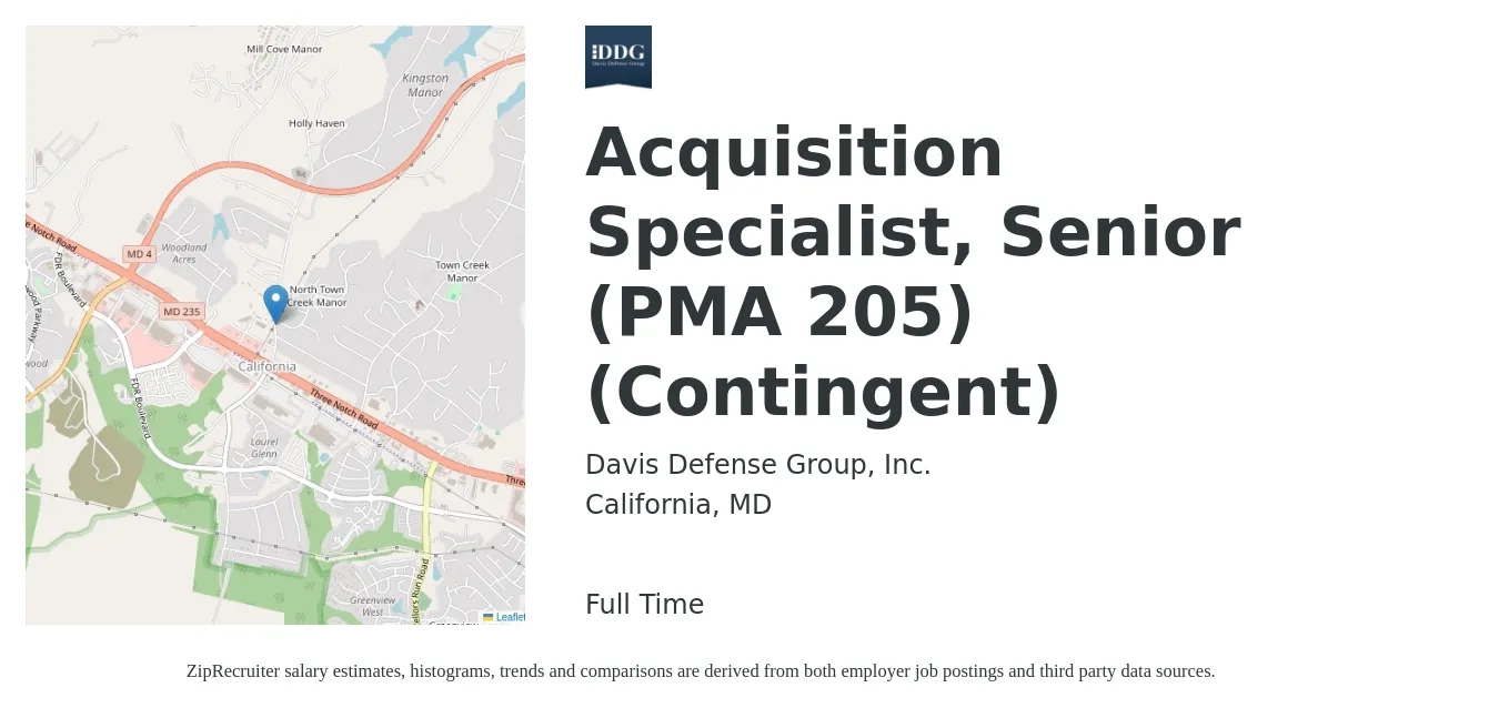 Davis Defense Group, Inc. job posting for a Acquisition Specialist, Senior (PMA 205) (Contingent) in California, MD with a salary of $66,100 to $93,000 Yearly with a map of California location.