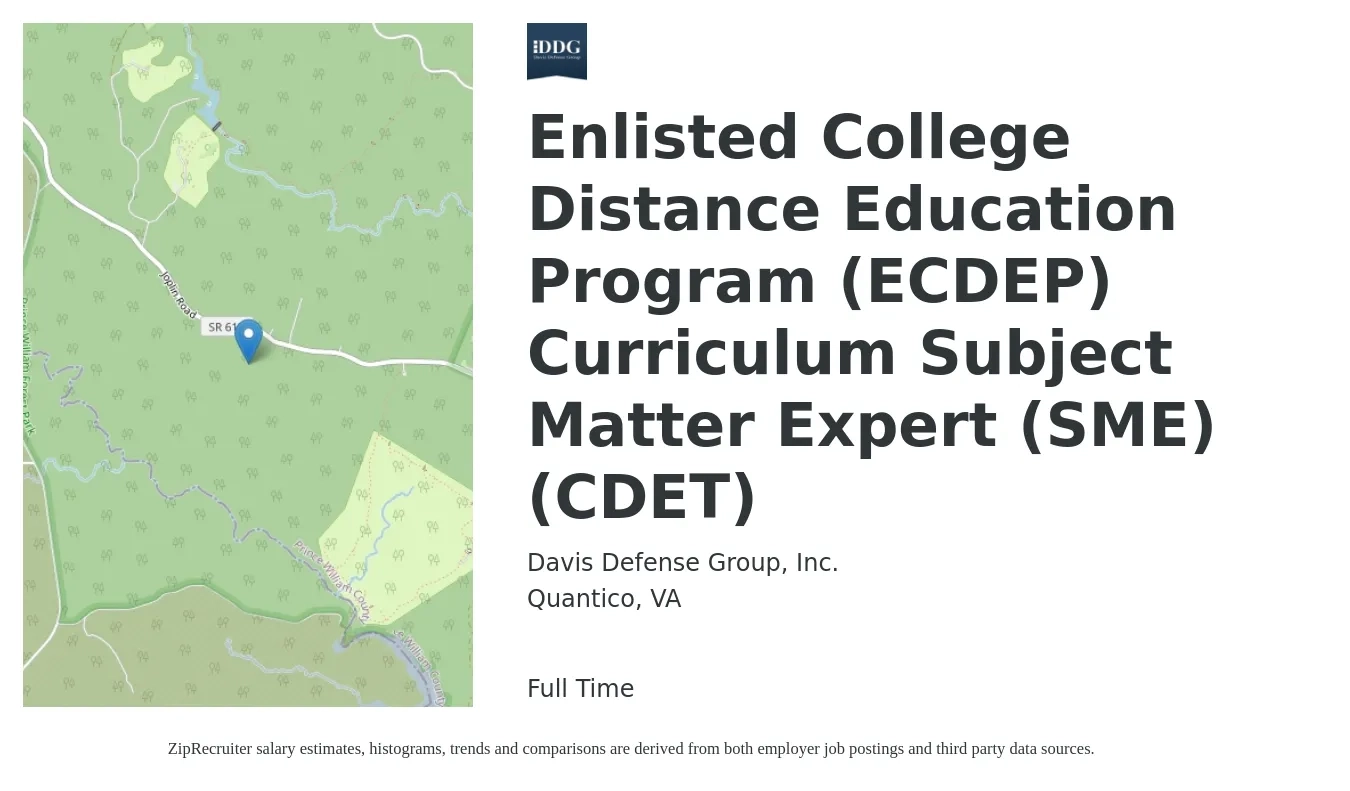 Davis Defense Group, Inc. job posting for a Enlisted College Distance Education Program (ECDEP) Curriculum Subject Matter Expert (SME) (CDET) in Quantico, VA with a map of Quantico location.