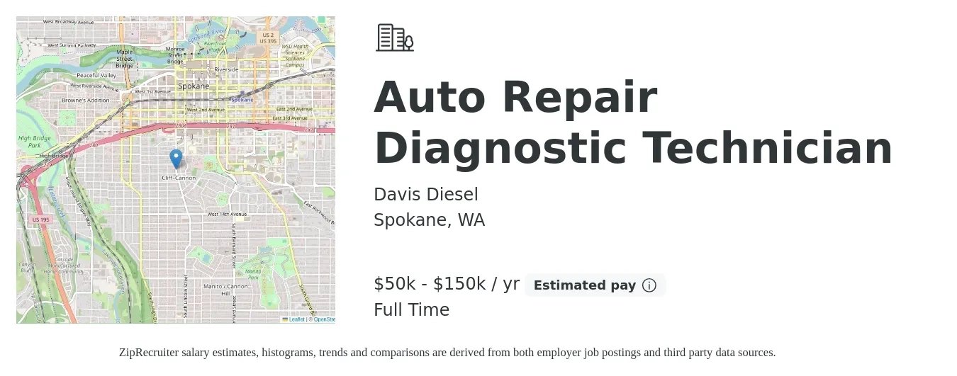 Davis Diesel job posting for a Auto Repair Diagnostic Technician in Spokane, WA with a salary of $50,000 to $150,000 Yearly with a map of Spokane location.