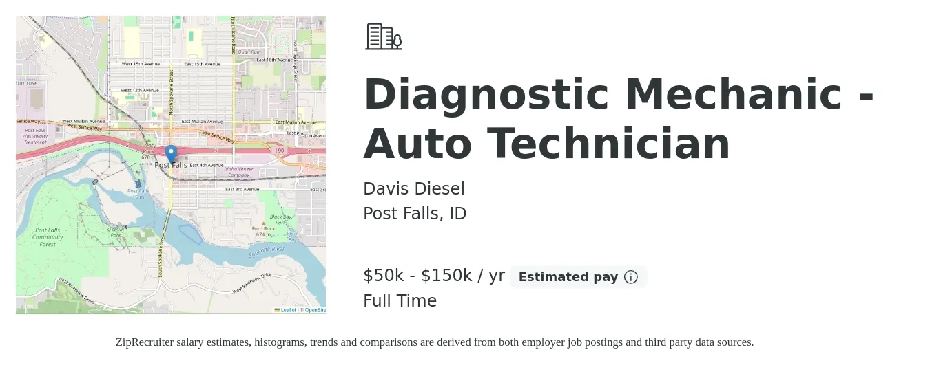 Davis Diesel job posting for a Diagnostic Mechanic - Auto Technician in Post Falls, ID with a salary of $50,000 to $150,000 Yearly with a map of Post Falls location.