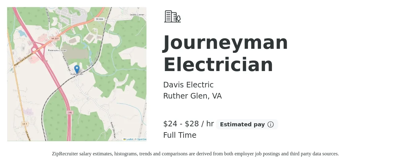 Davis Electric job posting for a Journeyman Electrician in Ruther Glen, VA with a salary of $25 to $30 Hourly with a map of Ruther Glen location.