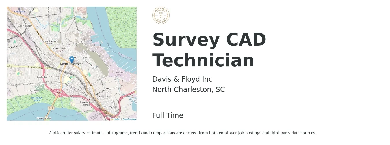 Davis & Floyd Inc job posting for a Survey CAD Technician in North Charleston, SC with a salary of $21 to $31 Hourly with a map of North Charleston location.