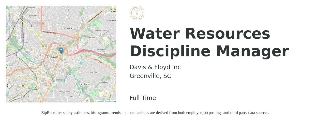 Davis & Floyd Inc job posting for a Water Resources Discipline Manager in Greenville, SC with a salary of $44,600 to $103,800 Yearly with a map of Greenville location.