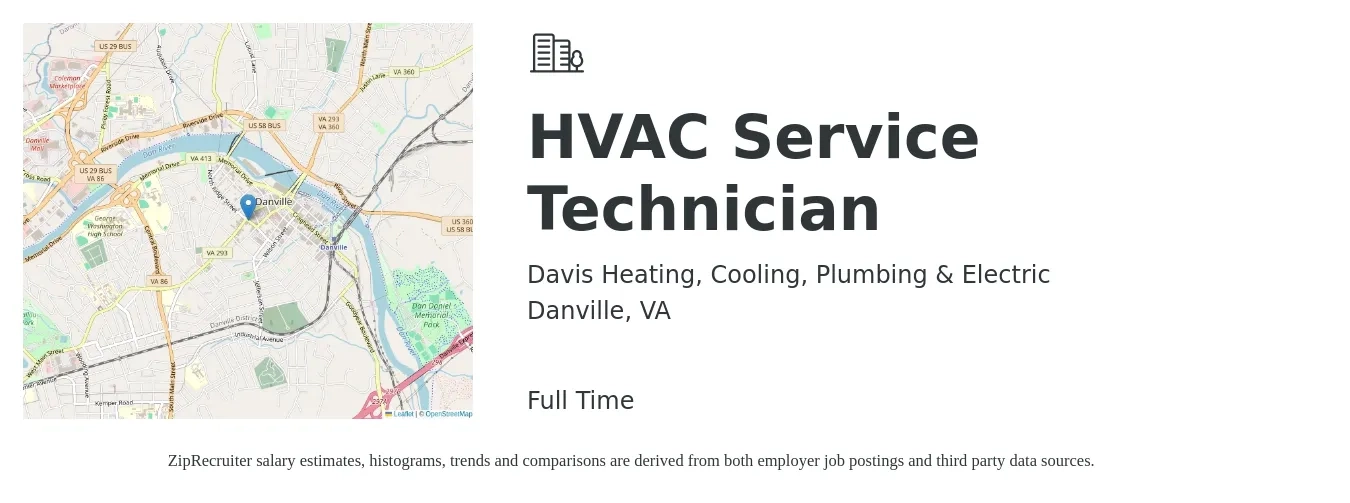 Davis Heating, Cooling, Plumbing & Electric job posting for a HVAC Service Technician in Danville, VA with a salary of $25 to $35 Hourly with a map of Danville location.