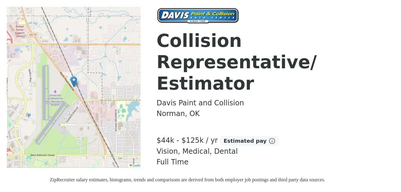Davis Paint and Collision job posting for a Collision Representative/ Estimator in Norman, OK with a salary of $44,000 to $125,000 Yearly and benefits including dental, medical, and vision with a map of Norman location.