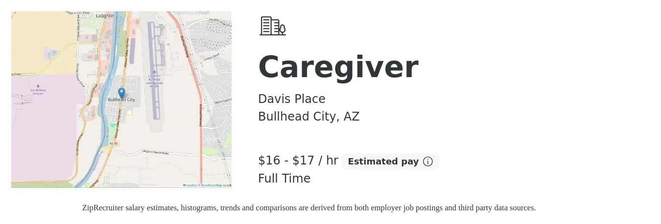 Davis Place job posting for a Caregiver in Bullhead City, AZ with a salary of $17 to $18 Hourly with a map of Bullhead City location.