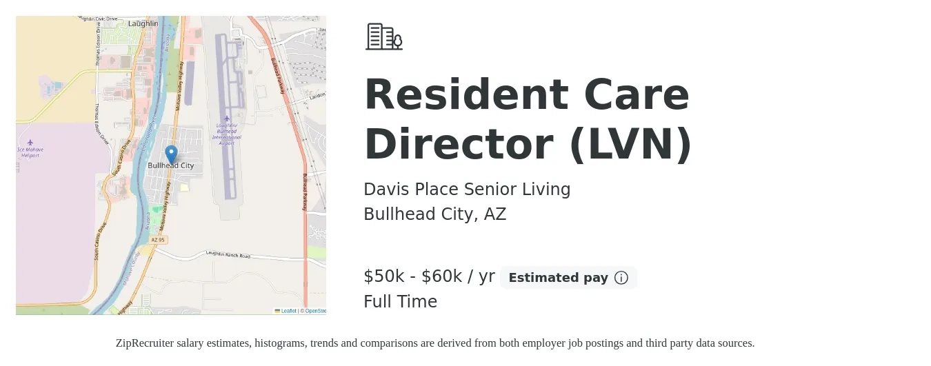Davis Place Senior Living job posting for a Resident Care Director (LVN) in Bullhead City, AZ with a salary of $50,000 to $60,000 Yearly with a map of Bullhead City location.