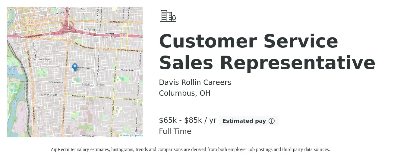 Davis Rollin Careers job posting for a Customer Service Sales Representative in Columbus, OH with a salary of $65,000 to $85,000 Yearly with a map of Columbus location.