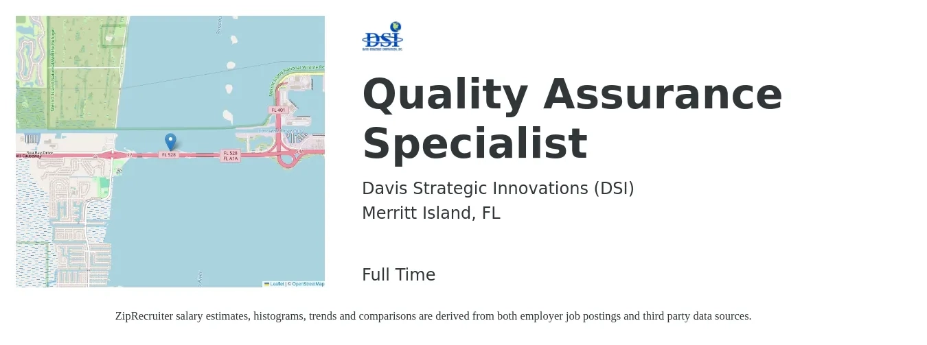 Davis Strategic Innovations (DSI) job posting for a Quality Assurance Specialist in Merritt Island, FL with a salary of $51,900 to $76,900 Yearly with a map of Merritt Island location.