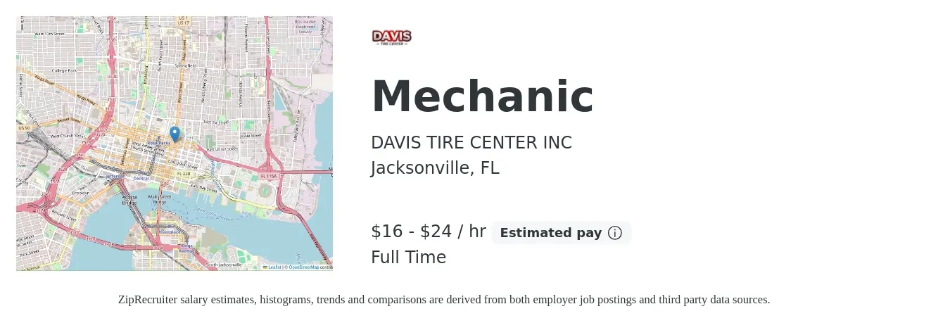 DAVIS TIRE CENTER INC job posting for a Mechanic in Jacksonville, FL with a salary of $17 to $25 Hourly with a map of Jacksonville location.