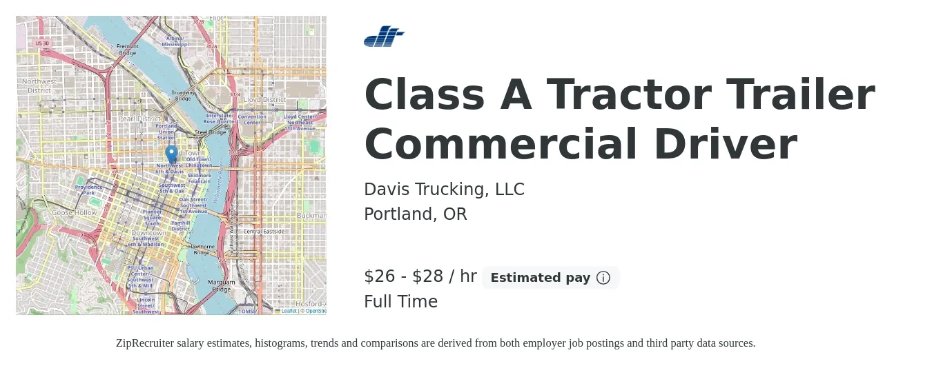 Davis Trucking, LLC job posting for a Class A Tractor Trailer Commercial Driver in Portland, OR with a salary of $28 to $30 Hourly with a map of Portland location.