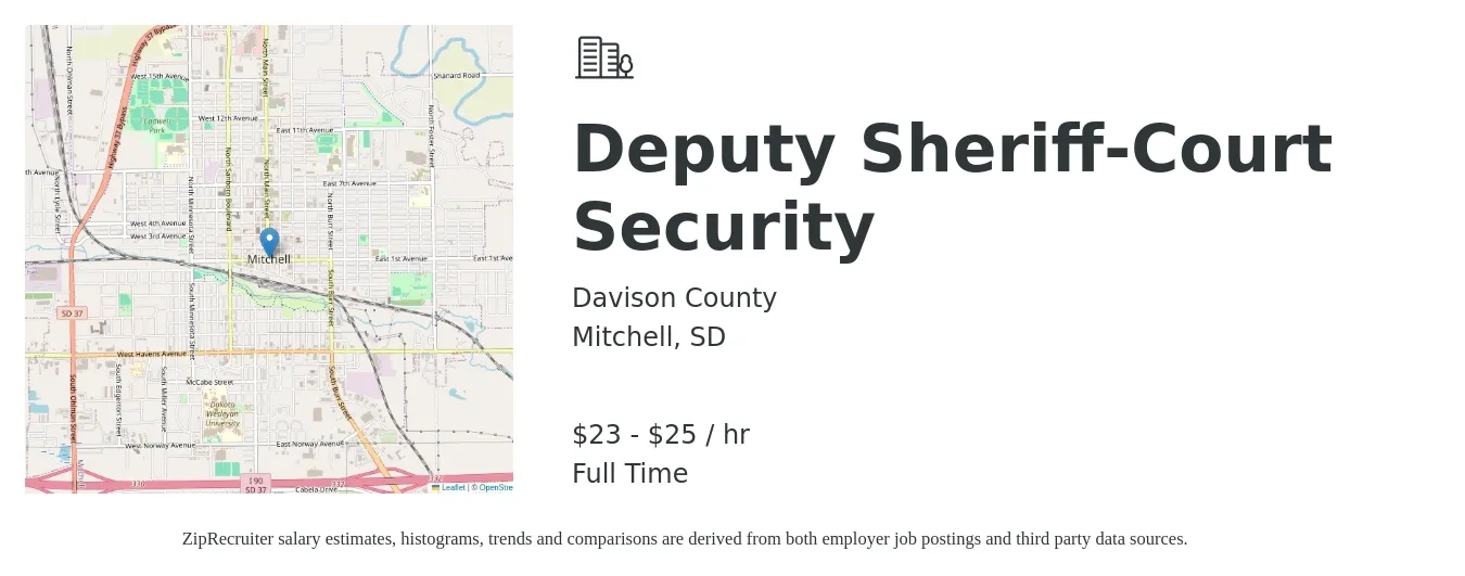 Davison County job posting for a Deputy Sheriff-Court Security in Mitchell, SD with a salary of $24 to $26 Hourly with a map of Mitchell location.
