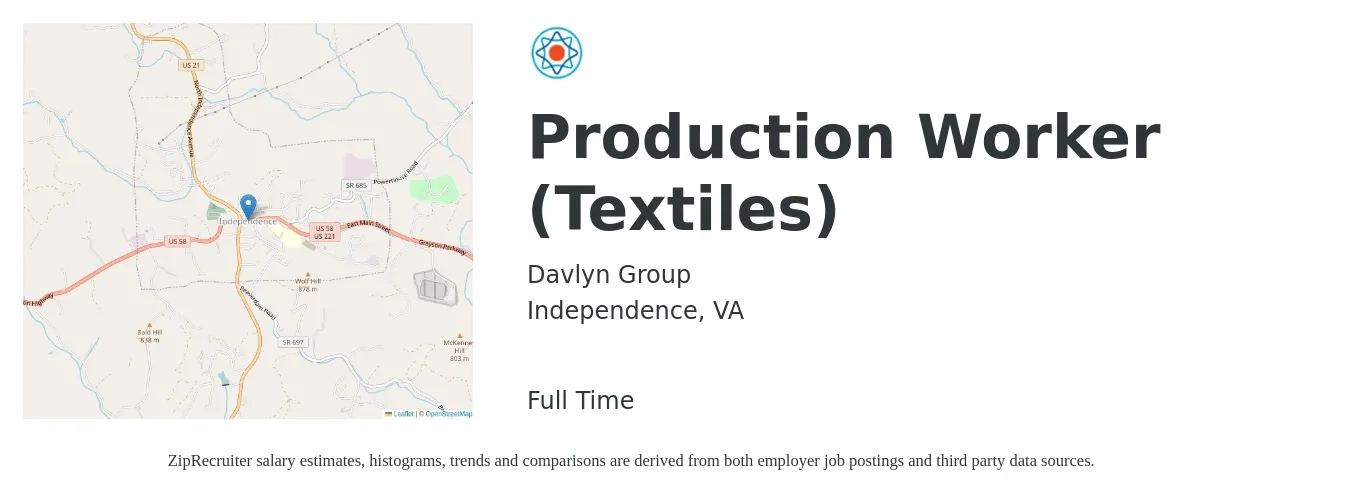 Davlyn Group job posting for a Production Worker (Textiles) in Independence, VA with a salary of $14 to $17 Hourly with a map of Independence location.