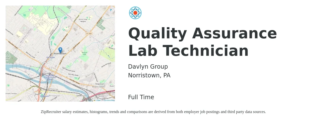 Davlyn Group job posting for a Quality Assurance Lab Technician in Norristown, PA with a salary of $19 to $24 Hourly with a map of Norristown location.