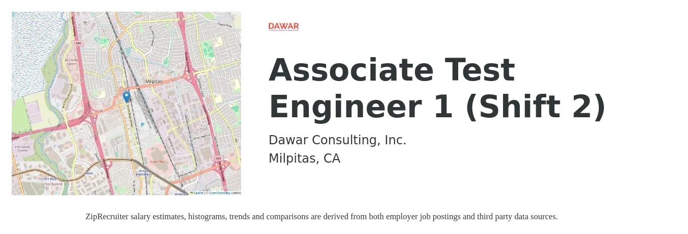 Dawar Consulting, Inc. job posting for a Associate Test Engineer 1 (Shift 2) in Milpitas, CA with a salary of $74,700 to $108,300 Yearly with a map of Milpitas location.