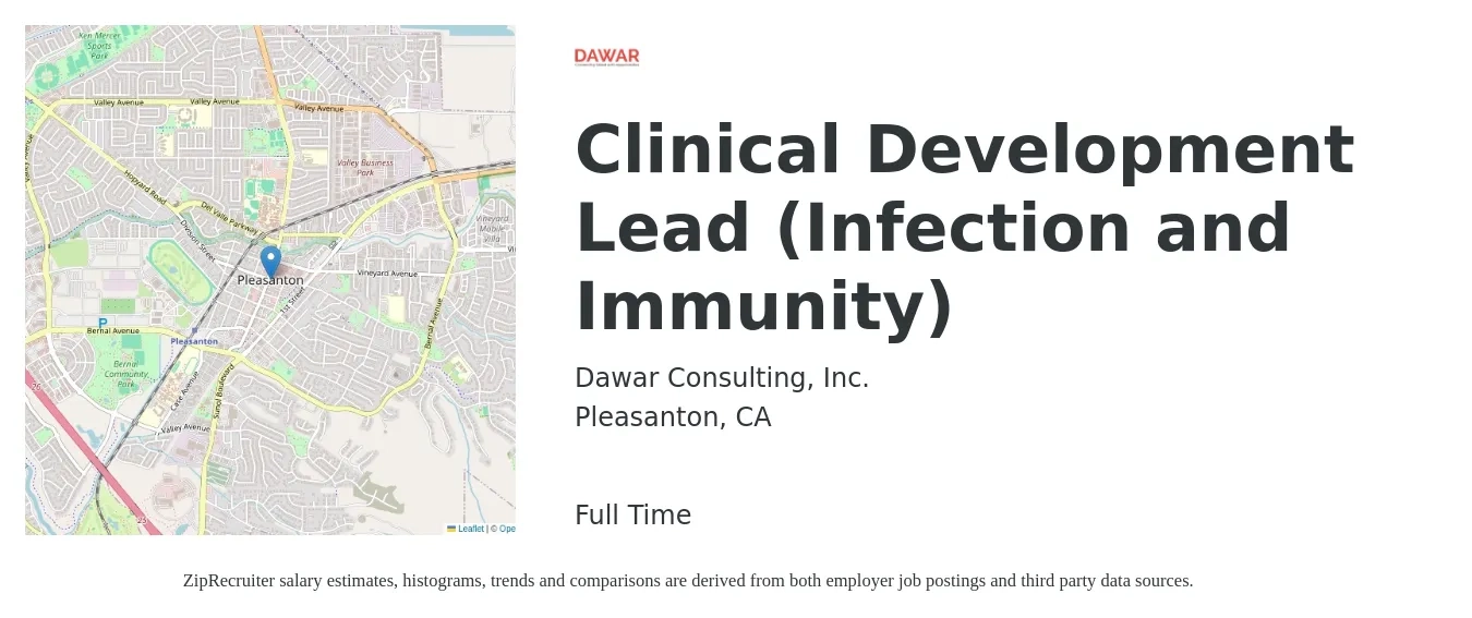 Dawar Consulting, Inc. job posting for a Clinical Development Lead (Infection and Immunity) in Pleasanton, CA with a salary of $60 to $100 Hourly with a map of Pleasanton location.