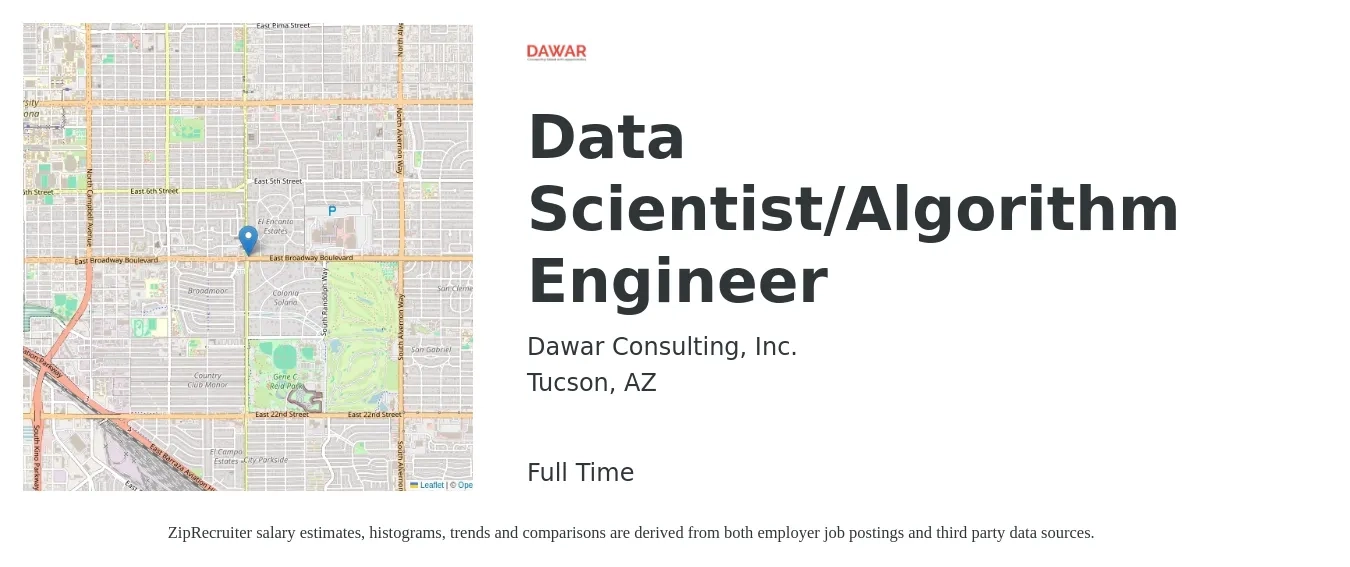 Dawar Consulting, Inc. job posting for a Data Scientist/Algorithm Engineer in Tucson, AZ with a salary of $91,500 to $126,300 Yearly with a map of Tucson location.