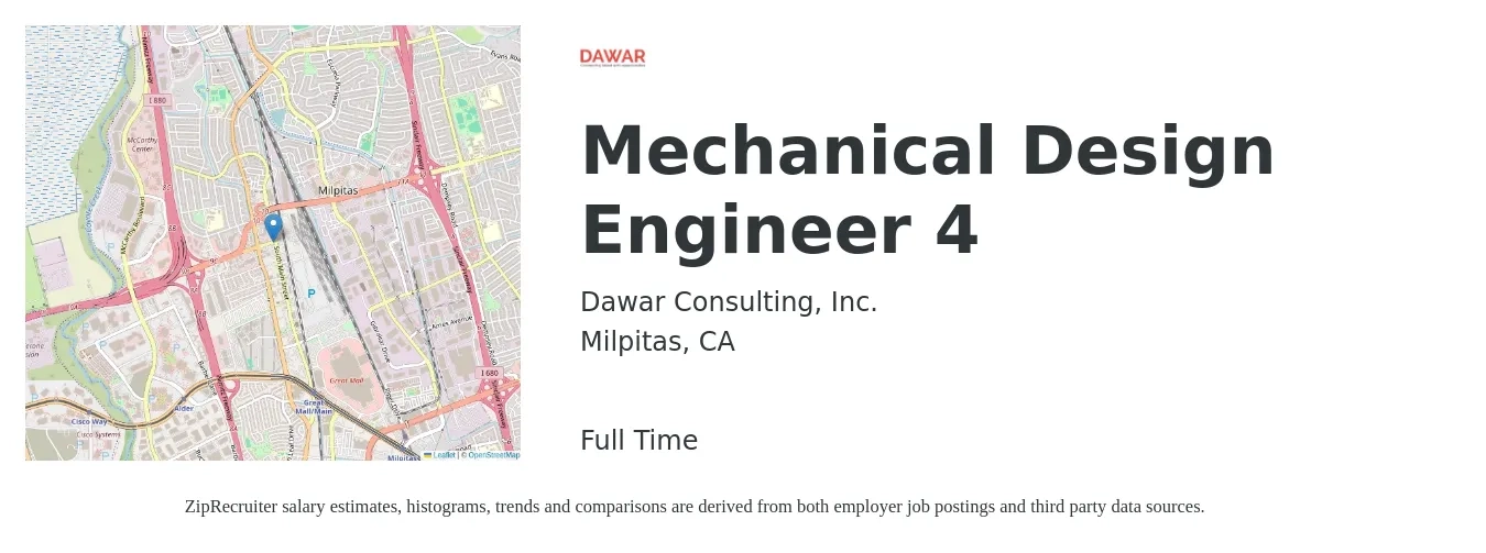 Dawar Consulting, Inc. job posting for a Mechanical Design Engineer 4 in Milpitas, CA with a salary of $86,600 to $117,400 Yearly with a map of Milpitas location.