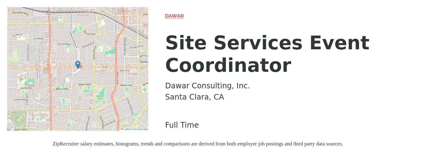 Dawar Consulting, Inc. job posting for a Site Services Event Coordinator in Santa Clara, CA with a salary of $21 to $29 Hourly with a map of Santa Clara location.