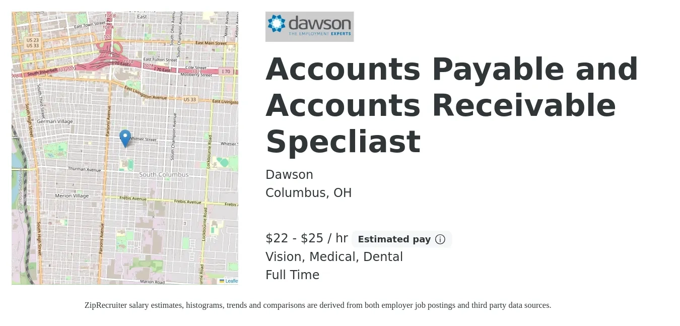 Dawson job posting for a Accounts Payable and Accounts Receivable Specliast in Columbus, OH with a salary of $23 to $26 Hourly and benefits including vision, dental, medical, and pto with a map of Columbus location.