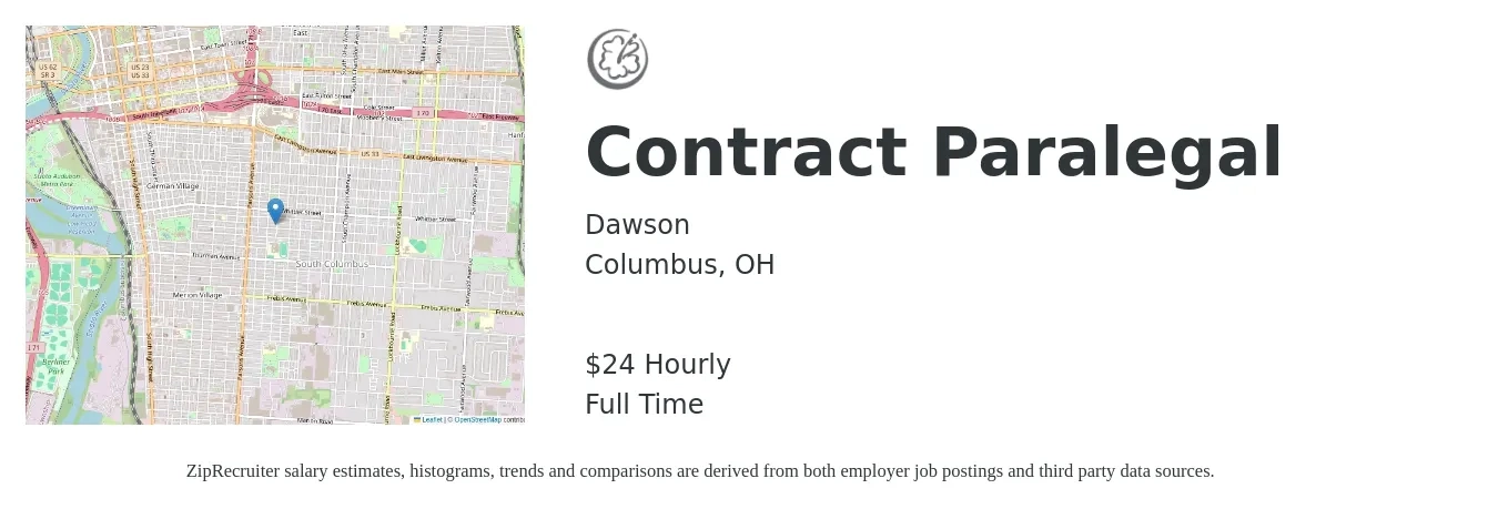 Dawson job posting for a Contract Paralegal in Columbus, OH with a salary of $25 Hourly with a map of Columbus location.